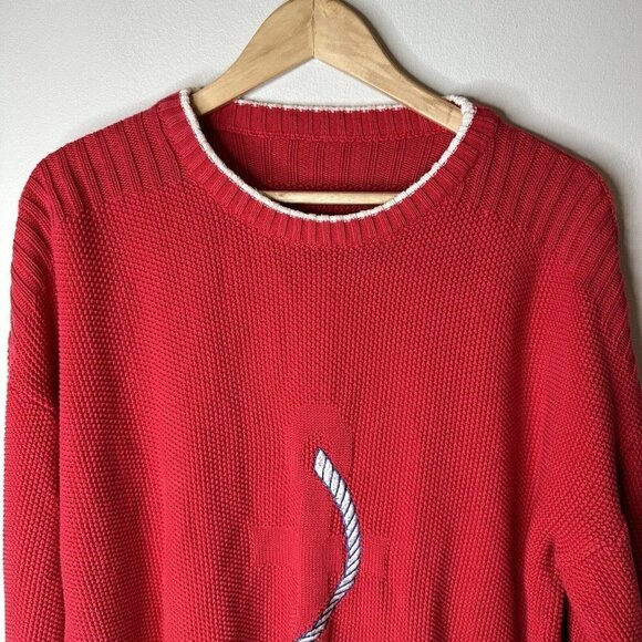 Vintage Men's Knitted Crew Neck Sweater XL Red Cotton Blend Nautical Anchor Rope - Picture 2 of 8